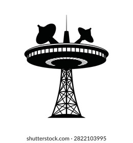 Black silhouette of a telecommunications radar tower with parabolic antennas