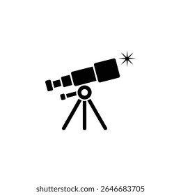 Silhueta preta de um telescópio em um tripé, completo com uma estrela brilhante. Perfeito para projetos de astronomia, educação ou temas científicos que precisam de imagens vetoriais nítidas.