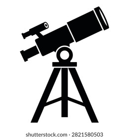 A black silhouette of a telescope on a tripod for stargazing and astronomy observations