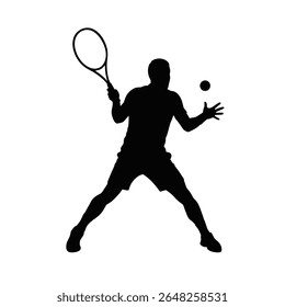 Black silhouette of a tennis player executing a backhand return against a white background. The vector illustration shows the player in a dynamic pose with a tennis racket and ball.