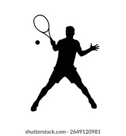 Black silhouette of a tennis player executing a backhand return against a white background The image is a vector illustration in a simple style