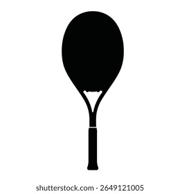 A black silhouette of a tennis racket is shown against a white background The image is a simple vector graphic with a minimal design