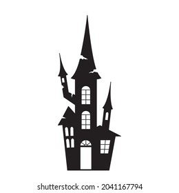 Black silhouette of a terrible castle. Vector haunted house for halloween.