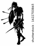 The black silhouette of a terrible skeleton in rags with exposed ribs and spine, long hair sticking out of the skull, with a shield and a sword dragging forward. 2D illustration.