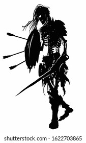 The black silhouette of a terrible skeleton in rags with exposed ribs and spine, long hair sticking out of the skull, with a shield and a sword dragging forward. 2D illustration.