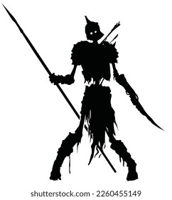 A black silhouette with a terrible skeleton of a warrior peeled to the bones, in his hands a bayonet, a knife and a spear, he stands with his head hanging to one side with bare bones and rags 2d art