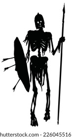 A black silhouette with a terrible skeleton of a warrior peeled to the bones, in his hands shield and a spear, he stands with his head hanging to one side with bare bones and rags 2d art