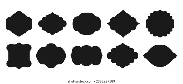 Black silhouette text box, retro labels and frames. Set of form for text. Blank retro shape of badge, discount sales tag, insignia, price sticker. Collection of different vector icons.