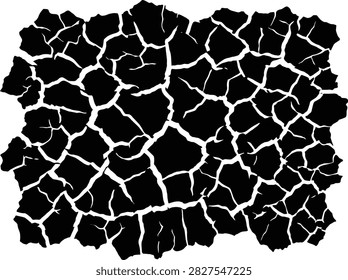 Black silhouette texture of cracked dry earth resembling a drought stricken ground, useful for environmental design, climate change graphics, desert backgrounds, and texture overlays.