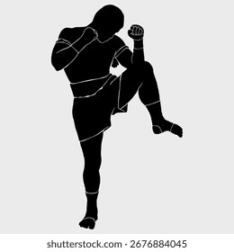 Silueta negra de un boxeador tailandés, Ilustración vectorial, fondo blanco