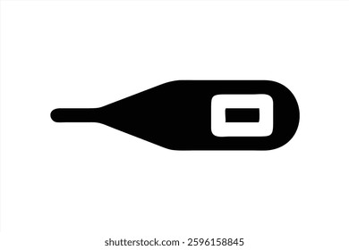 A black silhouette of a thermometer is displayed prominently on a white background. The design highlights its shape and features, conveying a medical theme.