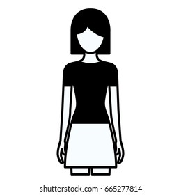 black silhouette thick contour of faceless full body woman with skirt and short hair vector illustration