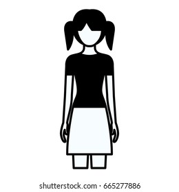 black silhouette thick contour of faceless full body teenager with skirt and tall pigtails hairstyle vector illustration