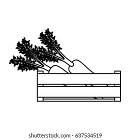 black silhouette of thick contour of wooden box with carrots vector illustration