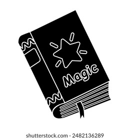 Black silhouette of thick magic book with spells, glyph icon flat vector