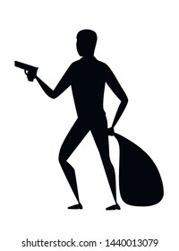 Black silhouette thief during robbery holding bag in one hand and pistol in another hand cartoon character design flat vector illustration