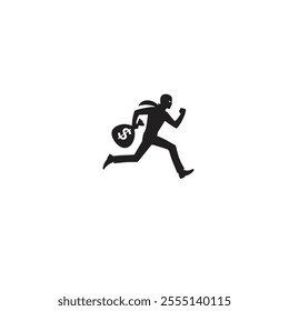 Black silhouette of a thief in motion carrying a money bag with a dollar sign. Represents crime, theft, and urgency in a simple, iconic style.