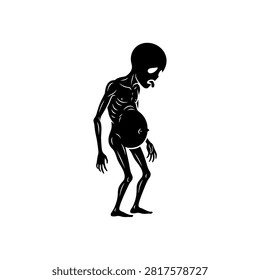 A black silhouette of a thin, emaciated alien with a large, round, swollen belly, standing against a white background.
