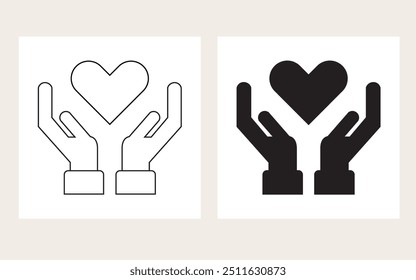 Black silhouette and thin line conceptual two open hands holding heart sign icons set on white background 