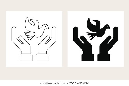 Black silhouette and thin line conceptual two open hands holding a flying dove sign icons set on white background 