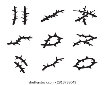 Black Silhouette Thorns Icon Set Featuring Sharp Botanical Branch Elements