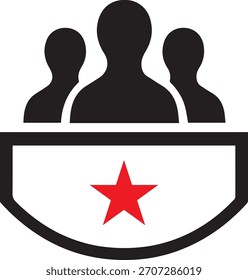 Silueta negra de tres figuras humanas abstractas sobre un escudo que contiene una estrella roja sobre un fondo blanco
