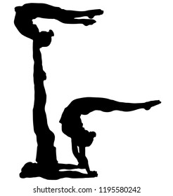 Black silhouette of three acrobats on a white background. Sport, competition, performance, public. Acrobatic trick.