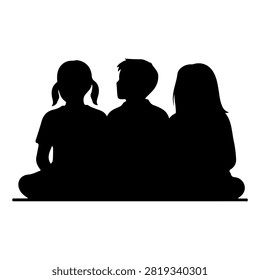 Black silhouette of three children sitting side by side, representing friendship, childhood, and companionship against a white background.