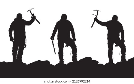 black silhouette of three climbers with ice axe in hand on white background, vector illustration