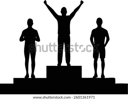 Black silhouette of three figures on a tiered podium, one raising arms in victory, isolated against a white background. Achievement, competition, and success elements.
