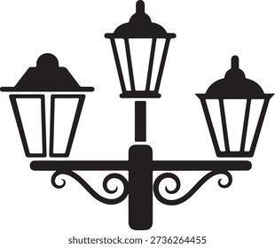 Black silhouette of a three headed street lamp post