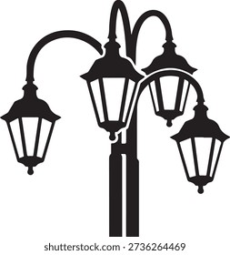 Black silhouette of a three headed street lamp post curved arms