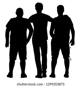 Black silhouette three men stand embracing on white background