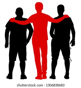 Black silhouette three men stand embracing on white background