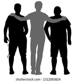 Black silhouette three men stand embracing on white background