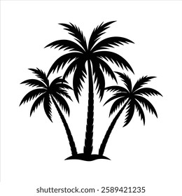 Black silhouette of three palm trees against a white background.