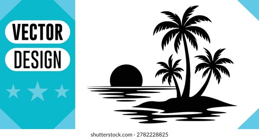 Black silhouette of three palm trees on a tropical island with a setting sun over water