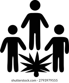 Black silhouette of three people standing around a stylized cannabis leaf with radiating lines. Image represents a group of individuals engaging in a social gathering or discussion.