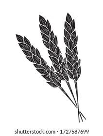 Black silhouette of three realistic spikelets of wheat in isolate on a white background. Cereal crop, agriculture or bakery theme .Vector illustration.