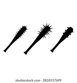 A black silhouette of three spiked baseball bats on a white background.