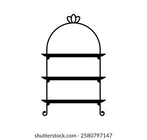 Black silhouette of a three tiered serving stand with an elegant dome shaped top. Isolated vector cake or pie platter and tray, kitchen accessory for afternoon tea, bakery displays, or catering event