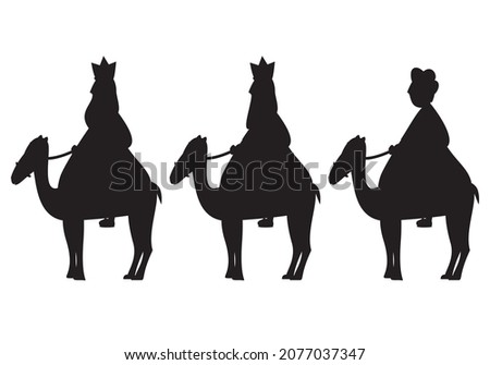 
Black silhouette of the three wise men riding the camels on white background