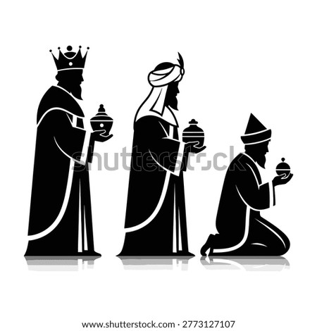 Black silhouette of three wise men in traditional robes and headwear holding gifts on white background, perfect for Christmas and holiday-themed designs and projects