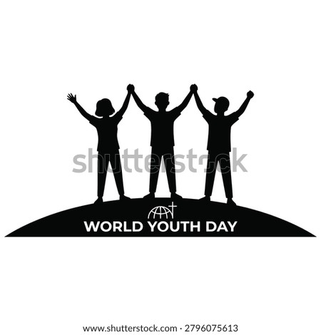 Black silhouette of three young friends holding hands high to celebrate world youth day featuring a christian cross and globe symbol representing global faith unity and joyful religious celebration concept