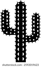 Black Silhouette of Three-Armed Cactus with Small White Spines - Classic Desert Plant Representation