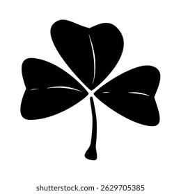 Black silhouette of three-leaf clover on white background. Clipart image isolated on background.