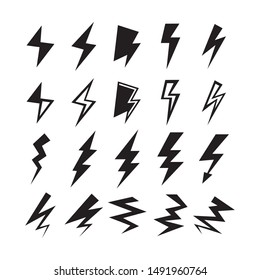 Black silhouette thunder and lightning bolt icons set on white background