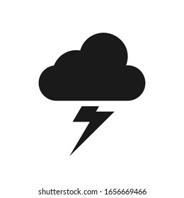 The black silhouette of a thunderstorm symbol that consists of cloud and lightning shapes is isolated on a white background.