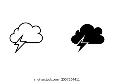 The black silhouette of a thunderstorm symbol that consists of cloud and lightning shapes is isolated on a white background.