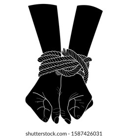 Black silhouette of tied hands with a rope. Vector hand drawn illustration isolated on white background. Hopelessness concept